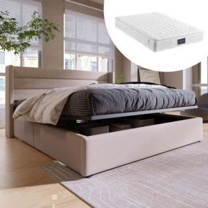 Lit coffre hydraulique en lin 160 x 200 cm - REDOM - avec matelas et sommier à lattes en bois - beige/gris