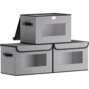 3PCS Boite Rangement Vetement Bo&icirc;te en Tissu avec Couvercle et 2 Poign&eacute;e Casier avec Fen&ecirc;tre Transparente Storage Box33x23x20cm