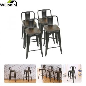 Willonin&reg; Lot de 4 Tabouret de bar avec dossier Structure m&eacute;tal et assise en bois fonc&eacute; Chaise style industriel Hauteur 63.5 cm
