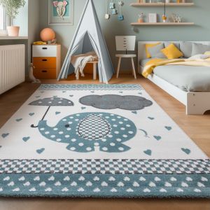 Tapis enfant &eacute;l&eacute;phant nuage mod&egrave;le chambre b&eacute;b&eacute; rectangle rond gris bleu - Marque - 160 cm rond