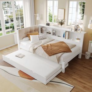 HOMVRA Lit banquette 90x200 cm avec lit gigogne LED r&eacute;glable et rangement en pin blanc sans matelas