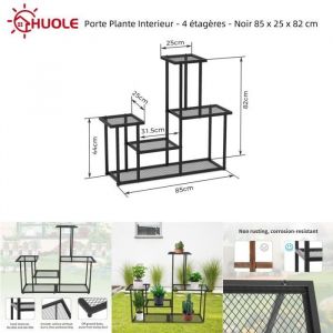 Porte Plante Interieur en M&eacute;tal - HUOLE - 4 &eacute;tag&egrave;res - Cadre en fer rectangulaire - Noir 85 x 25 x 82 cm