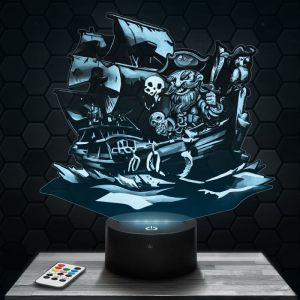 Lampe 3D - Bateau Pirate - Jouet Figurine Cadeau Bateau Pirate - Veilleuse Led Tactile avec socle au choix et t&eacute;l&eacute;commande