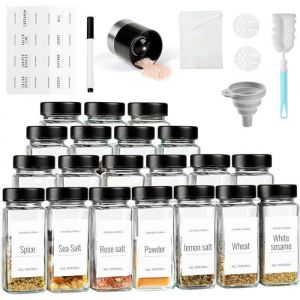 SXTIHD Ensemble de 20 Pots &agrave; &Eacute;pices Carr&eacute;s en Verre avec Couvercles Inox + 2 Moulins &Eacute;tiquettes Incluses