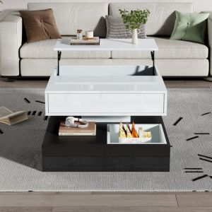 Table basse 70 * 70 * 40cm avec plateau pivotant &agrave; 360&deg; table de salon double couche avec 3 tiroirsavec rangement blanc+noir