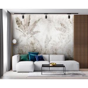 Papier Peint Panoramique El&eacute;gant Feuilles 200x140 cm Feuilles de Bananier sur un mur en B&eacute;ton Papier Peint pour Chambre Salon