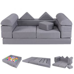 DREAMADE 9PCS Canapé Modulaire pour Enfants Canapé Enfant Convertible 2 Places avec Housses Amovibles & Lavables Gris