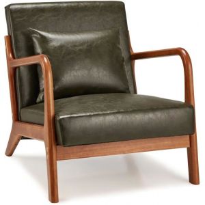 Fauteuil Lounge en Cuir Simili Vert - Structure Bois Hévéa - Assise Profonde et Accoudoirs