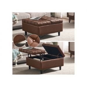 Grand pouf de rangement carr&eacute; en PU marron banc relevable avec espace de stockage rembourr&eacute; pour salon chambre ou bureau