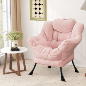 GIANTEX Fauteuil Relax avec Oreiller+ Poche Latérale- Fauteuil Rembourré Moderne- Cadre en Fer- pour Salon/Bureau/Chambre- Rosé