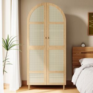 Armoire de v&ecirc;tements moderne &agrave; portes courbes : Espace de rangement g&eacute;n&eacute;reux avec barre &agrave; v&ecirc;tements et tiroirs luxueuse
