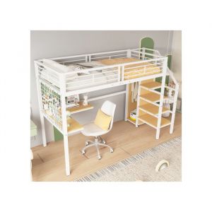 Lit enfant 90x200 cm Lit mezzanine 1 place 1 personne Avec table et armoire échelle latérale avec main courante blanc