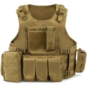 Gilet Tactique Militaire Gilet de Combat Veste Extérieure pour Airsoft Jeu CS Militaire Cosplay(Kaki)