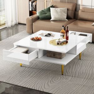 Table basse 2 Tiroirs 2 Compartiments Table dappoint Carrée Salon Moderne 70x70x36 cm Blanc brillant