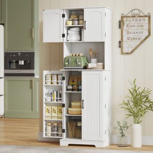 Buffet haut cuisine armoire de cuisine 4 portes plan de travail 8 porte-&eacute;pices &eacute;tag&egrave;res r&eacute;glables 60x40x1815cm blanc