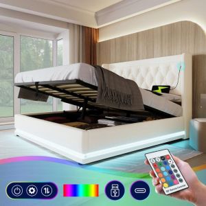 Lit double 160x200 cm simili cuir blanc coffre de rangement hydraulique tête de lit avec LED 3 côtés et ports USB-C sans matelas