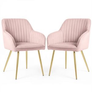 Lot de 2 Chaises en velours &agrave; surpiq&ucirc;res FLORENCE Rose Poudr&eacute; pieds dor&eacute;s