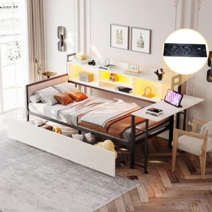 Lit 90&times;200 cm combin&eacute; blanc en fer avec LED rangement tiroirs prise multifonction bureau rabattable et dossier