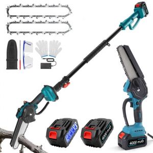 Tronçonneuse Sans Fil 2 en 1 Perche Télescopique 1.5-2.1m Moteur Brushless 6 Pouces + Scie Arboricole 2x4000mAh Chargeur