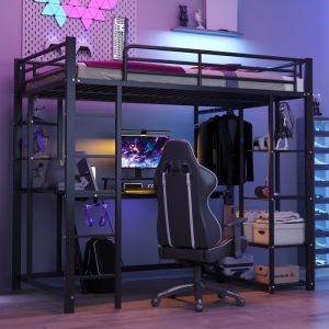 Lit mezzanine enfant 90x200cm Lit loft Lit simpe en M&eacute;tal avec bureau &eacute;tag&egrave;res armoire ouverte et sommiers &agrave; lattes - noir