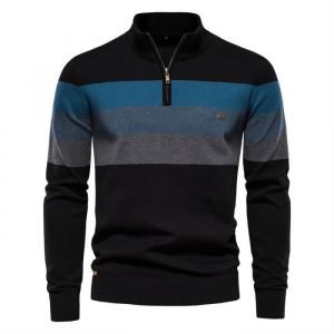 Pull HommeS-2XL EU Pulls Homme en CotonPull &agrave; col en V Finement C&ocirc;tel&eacute; Zipp&eacute; 1-4 Hommele Style Color-blocking-Noir