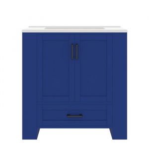 Armoire Salle De Bain Meuble vasque salle bain 76x46cm bleu laqu&eacute; - tiroirs silencieux + &eacute;tag&egrave;res lat&eacute;rales - C&eacute;ramique int&eacute;gr&eacute;e
