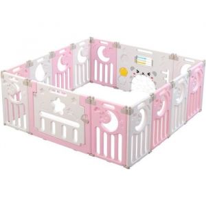 Parc Bébé en Plastique DRIPEX - 12 + 2 Panneaux d’Activité et Porte Barrière Sécurité - Rose - 150 x 150 cm
