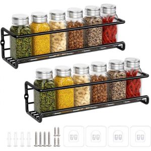 Rangement Epices Cuisine Étagère Épices en Métal Sans Percage Range Épices Murale Cuisine Porte Épices 29x6x6cm (Noir 2