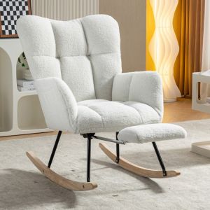 Chaise à bascule 80×98×958cm - Rocking Chair - OKWISH - Repose-Pieds Escamotable - Tissu Teddy - Blanc