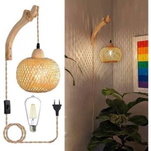 Applique Murale Int&eacute;rieur En Bois R&eacute;tro Lanterne En Bambou Lampe Murale Cr&eacute;ative E27 Avec Prise Et Interrupteur (Avec Ampoule)