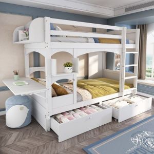 Lit superposé pour enfants 90*200 avec bureau et étagère pliables avec échelle et 2 tiroirssommiers à lattes en bois massif