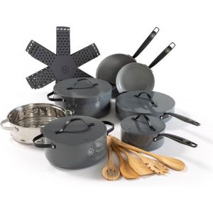 BE Living Batterie de Cuisine 6 pcs Po&ecirc;les Sauteuse Faitout Casserole & Cuiseur Vapeur + Ustensiles & Prot&egrave;ge-Po&ecirc;les Gris