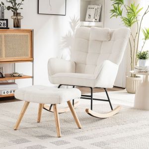 Fauteuil &Agrave; Bascule Moderne avec Repose-Pieds - Rocking Chair en Tissu Confortable Sur Cadre M&eacute;tal et Bois - Blanc