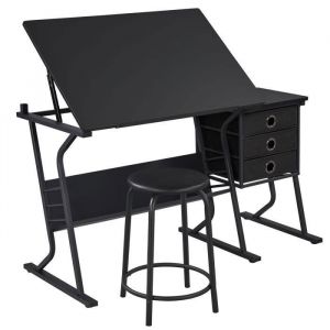 Yaheetech Ensemble Table à Dessin Inclinable Bureau à Dessin 3 Tiroirs avec Table dappoint Tabouret Dessinateur Architecte Noir