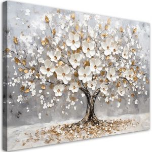 Tableau sur toile Tableau sur toile Arbre de vie avec fleurs blanches dorées toile décorative - FEEBY - 60x40 cm