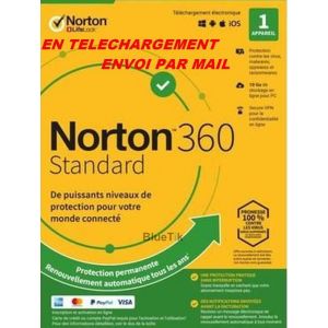 Avec CB - NORTON 360 STANDARD 2024 avec Abonnement 1 Appareil PC MAC Android - 1 AN - 10GB CLOUD - Envoyé par mail - ESD