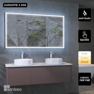 Miroir Salle de Bain - SANIZÉO - SUIZA - Anti-Buée - Éclairage Triled - 140x60cm Noir Mat