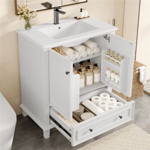 Meuble salle de bain blanc avec vasque en c&eacute;ramique 76x46x87 cm meuble sous lavabo sur pied avec rangement et tiroir moderne