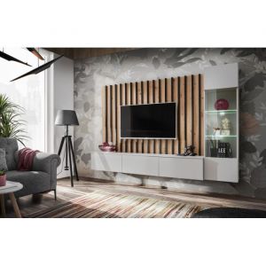 Ensemble meuble TV Verti - Blanc/Beige - L 220 x H 148 x P 35 cm