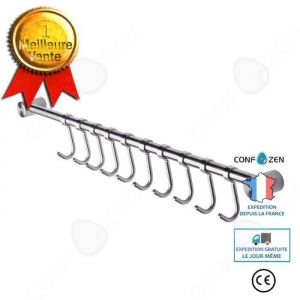 CONFO Crochet Barre de Cuisine en Acier Inox  53cm avec 10 Crochets Amovible pour Suspendre les Ustensiles de Cuisine ou Salle de b
