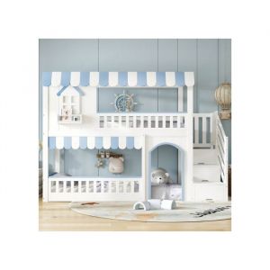 Lit superpos&eacute; enfant 90x200 cm - Avac escalier avec rangements - Avac sommier &agrave; lattes - En bois et MDF - Blanc et Bleu