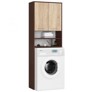 Armoire pour machine à laver 64x30x180cm - Meuble SDB- Meuble de rangement buanderie 2 portes et 4 étagères - Wengé+Sonoma