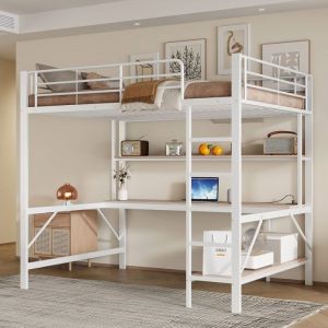 Lit Mezzanine Métal 140x200 Lit surélevé avec Bureau Étagères LED Prise & USB Échelle et Garde-corps Blanc