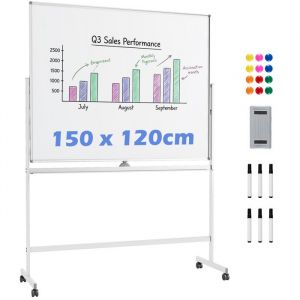 Tableau Blanc Magn&eacute;tique Mobile 150x120cm Double Face COSTWAY-2 Hauteurs R&eacute;glables-Effa&ccedil;able &agrave; Sec-Aluminium-Plateau &agrave; Stylos-Blanc