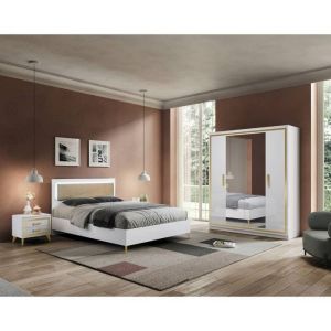 JEMMA - Chambre 160x200cm Blanche et Or Lit T&ecirc;te Rembourr&eacute;e avec Leds + 2 Chevets + Armoire