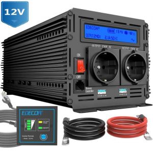 EDECOA 2000W Convertisseur 12v 220v 4000W Crête Transformateur 12v 220v ~ 240v avec LCD Télécommande 2 Douilles 2 USB