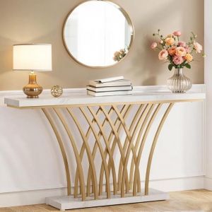 Table Console - 150 x 295 x 80 cm - avec Pied en métal  - pour entrée Couloir entrée Salon (Blanc)