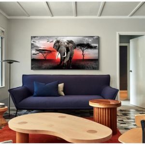 Tableau Decoration Murale Afrique Éléphant Moderne Toile Non tissée Salon Salle Animaux Gris Rouge 50x110cm sans cadre