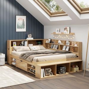 Lit enfant 140&times;200 cm combin&eacute; naturel en bois massif avec rangement tiroirs &eacute;tag&egrave;res et recharge sans fil