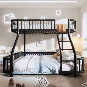 Lits superpos&eacute;s 90x200cm+140x200cm cadre en ferlit enfant avec barri&egrave;res de s&eacute;curit&eacute; et &eacute;chellelit 3 places sommier &agrave; lattesnoir